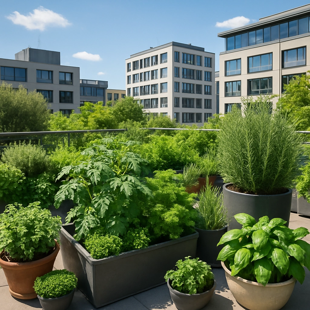 home gardening Kuwait rooftop garden with green plants and herbs in pots