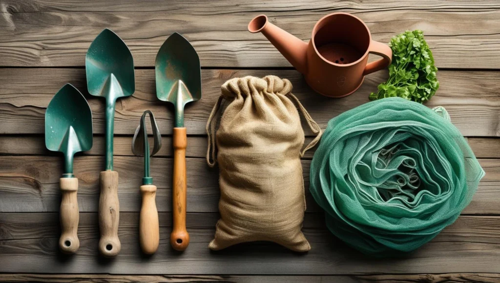 Gardening tools, shade net, watering can, and herb seeds — essentials for home gardening in Kuwait