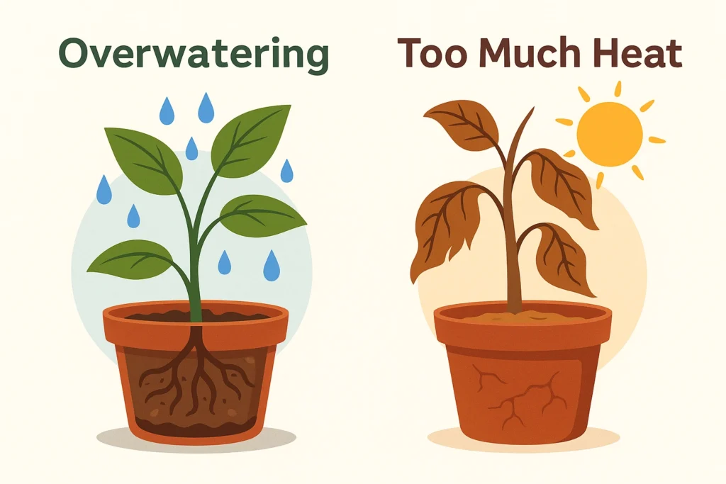 Comparison of overwatering and heat-stress effects on potted plants — yellowing leaves vs. root rot