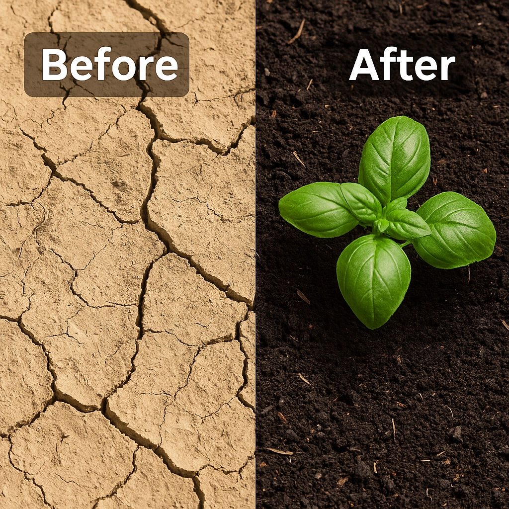 Side-by-side comparison of dry cracked soil vs. rich composted soil with a healthy plant