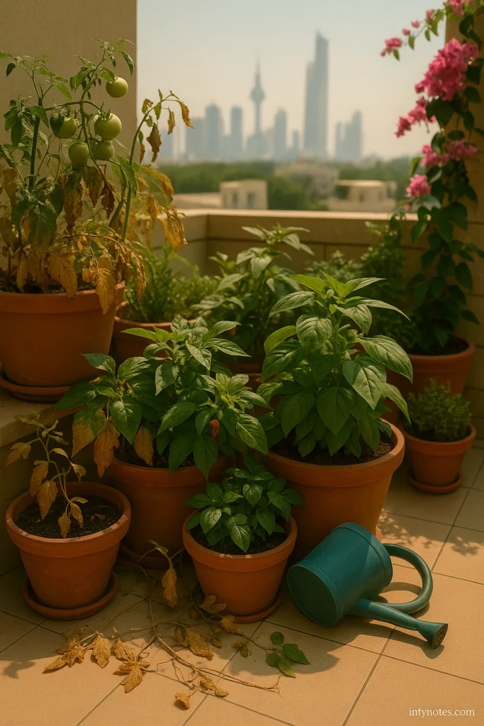 Overcrowded balcony garden in Kuwait with tangled pots and poor airflow, showing a common gardening mistake Kuwait residents make.