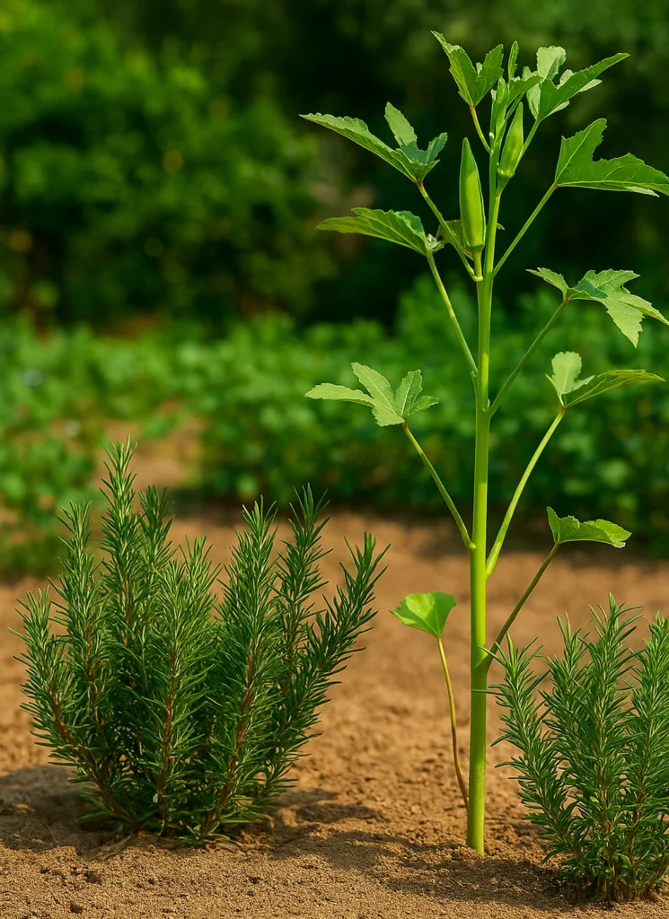 Water saving gardening Kuwait – drought-tolerant rosemary and okra in sandy soil
