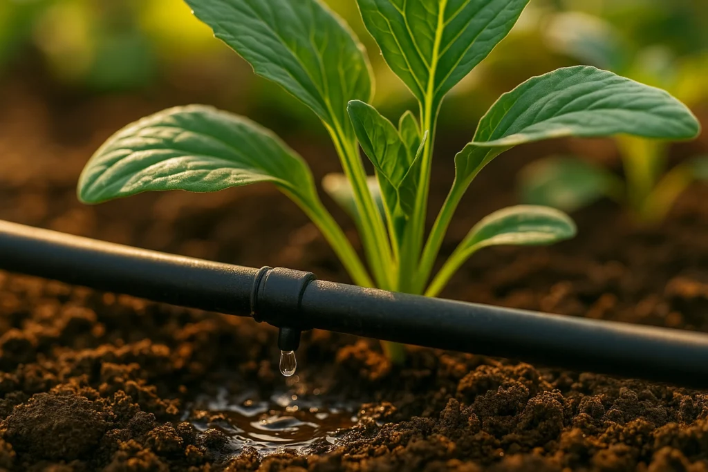 Water saving gardening Kuwait – drip irrigation pipe watering plant roots