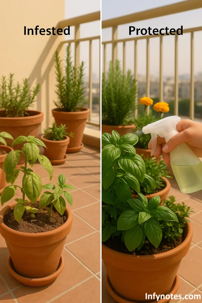 Spotty, pest-damaged basil beside a healthy plant being misted—shows gardening mistakes Kuwait of skipping routine pest checks.