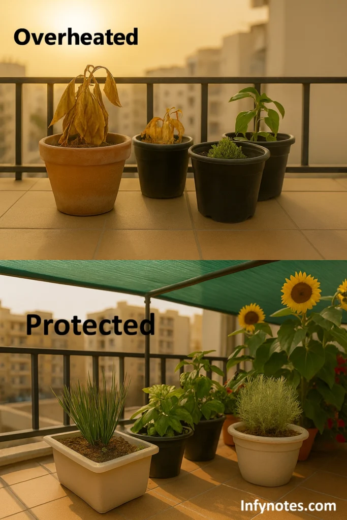 Balcony pots scorched by sun compared with thriving plants under green shade cloth—common gardening mistakes Kuwait is ignoring sun intensity.