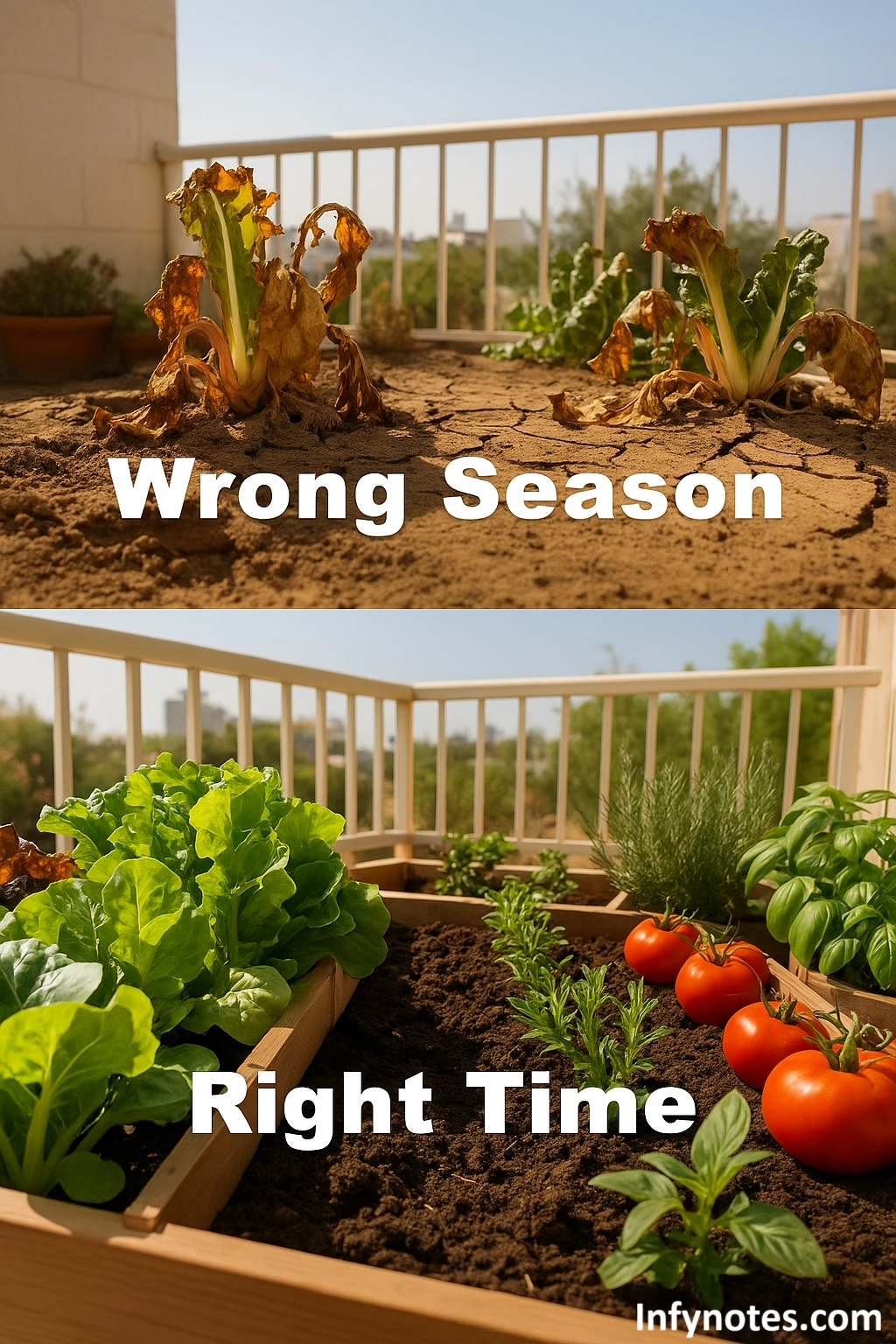 Withered greens in peak summer above, lush tomatoes and herbs in cool season below—timing error behind many gardening mistakes Kuwait.