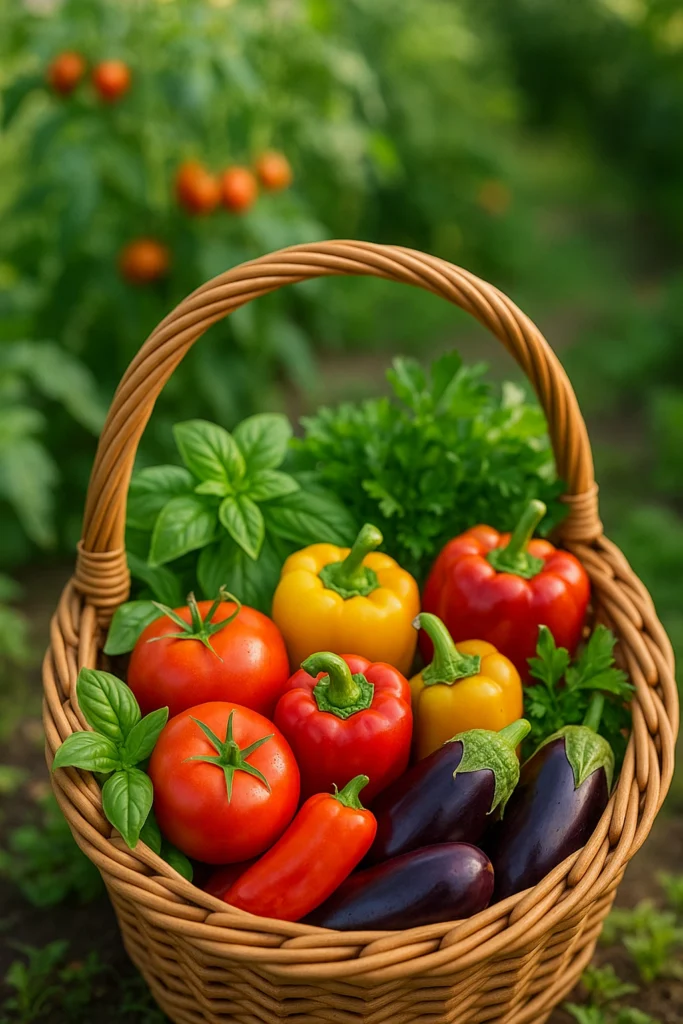 Fresh harvested vegetables grown successfully in Kuwait including tomatoes peppers and herbs