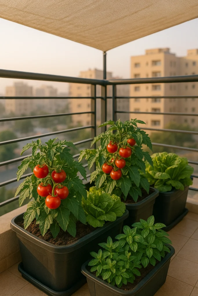 how to grow vegetables in Kuwait balcony garden with containers