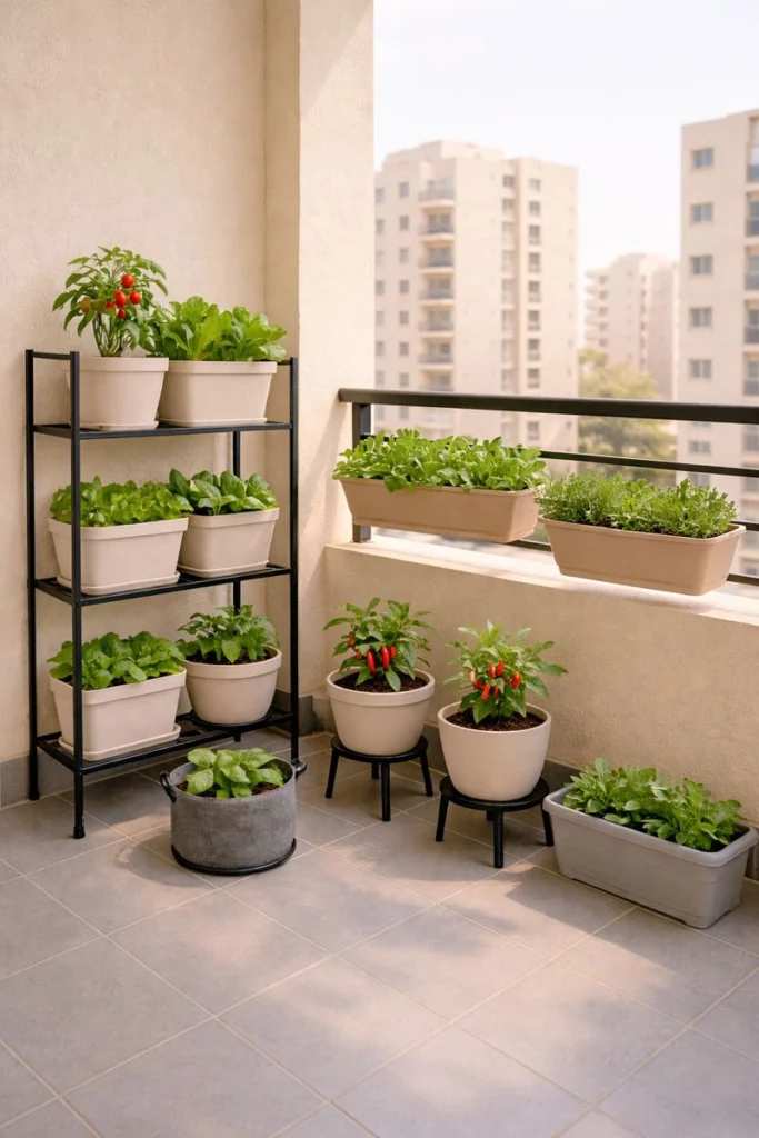balcony vegetable gardening Kuwait showing full apartment balcony with herbs and leafy greens in containers