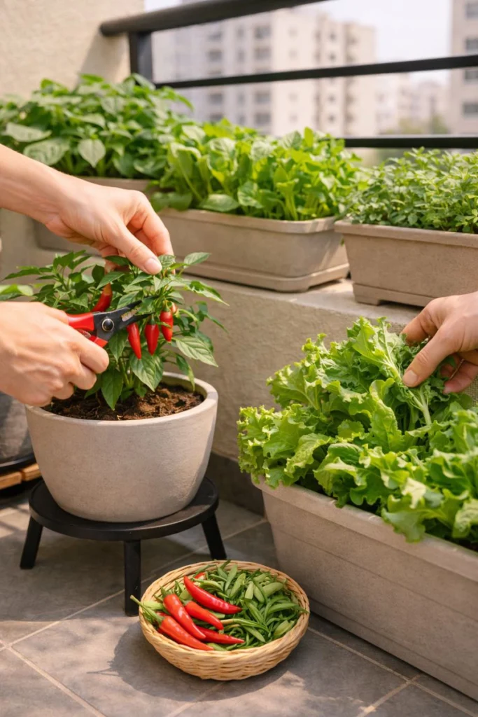 balcony vegetable gardening Kuwait with hands harvesting chillies and lettuce from containers