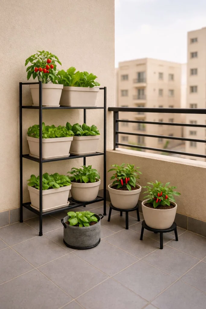 balcony vegetable gardening Kuwait with compact metal rack and light-colored vegetable pots
