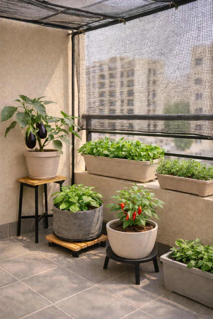 balcony vegetable gardening Kuwait with renter-friendly shade net protecting eggplant and leafy greens