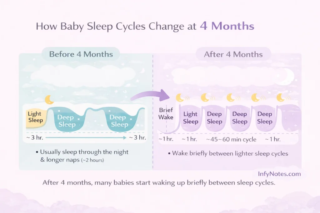 Sleep regression 4 months infographic showing baby sleep cycles before 4 months and after 4 months, with shorter 40–60 minute cycles and brief night wakings.