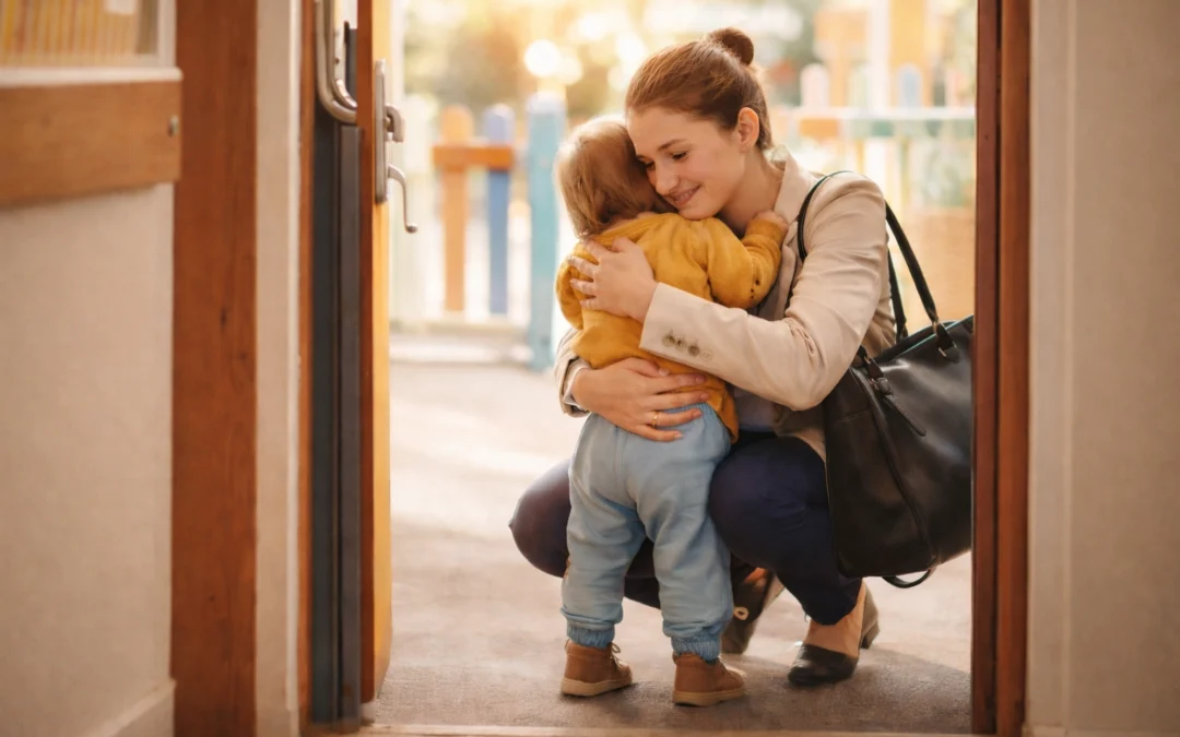 Going back to work after baby UK — mum hugging toddler at nursery drop-off