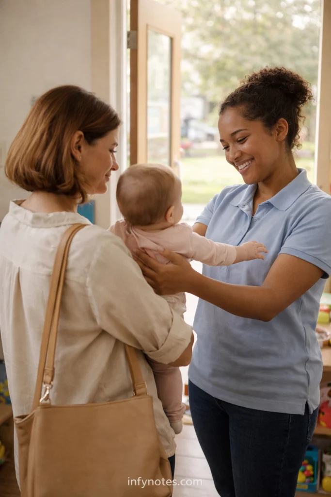going back to work after baby UK mother dropping baby at nursery childcare centre