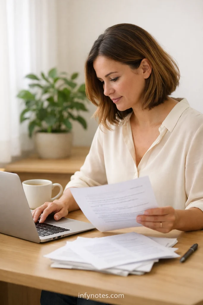 going back to work after baby UK mother reviewing maternity leave rights documents at desk
