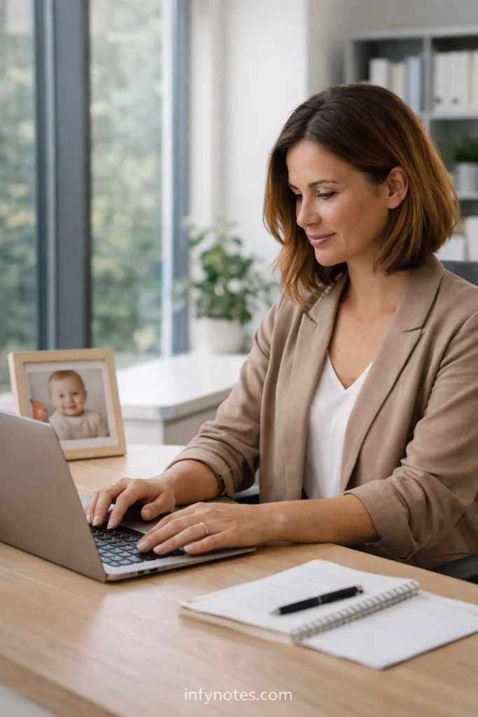 going back to work after baby UK mother working confidently on laptop at office desk