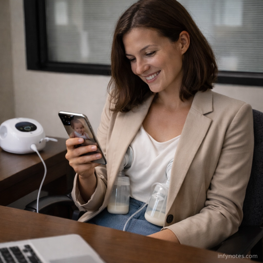 mother pumping breast milk at work after baby UK using electric breast pump while looking at baby photo
