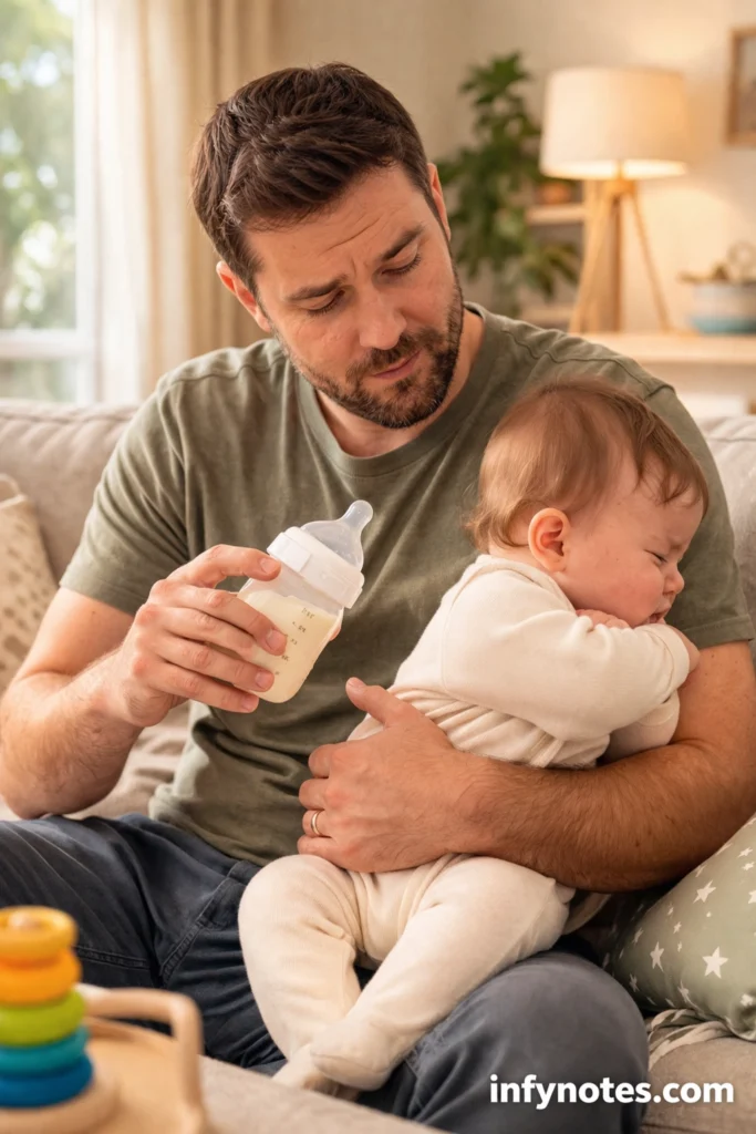 Dad trying to feed a baby with a bottle while the baby turns away, showing a common moment when baby won't take bottle from dad