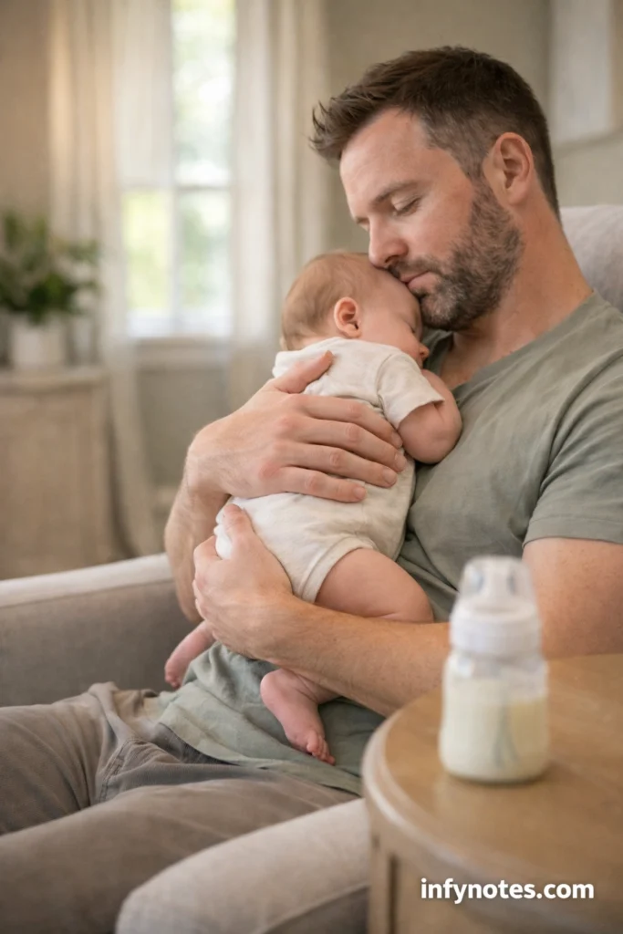 Dad cuddling baby before feeding time with bottle nearby, showing a calming step when baby won't take bottle from dad