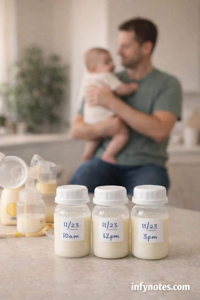 Kitchen counter with labelled expressed milk bottles and pump parts while dad holds baby in the background, showing why baby won't take bottle from dad can be stressful for families