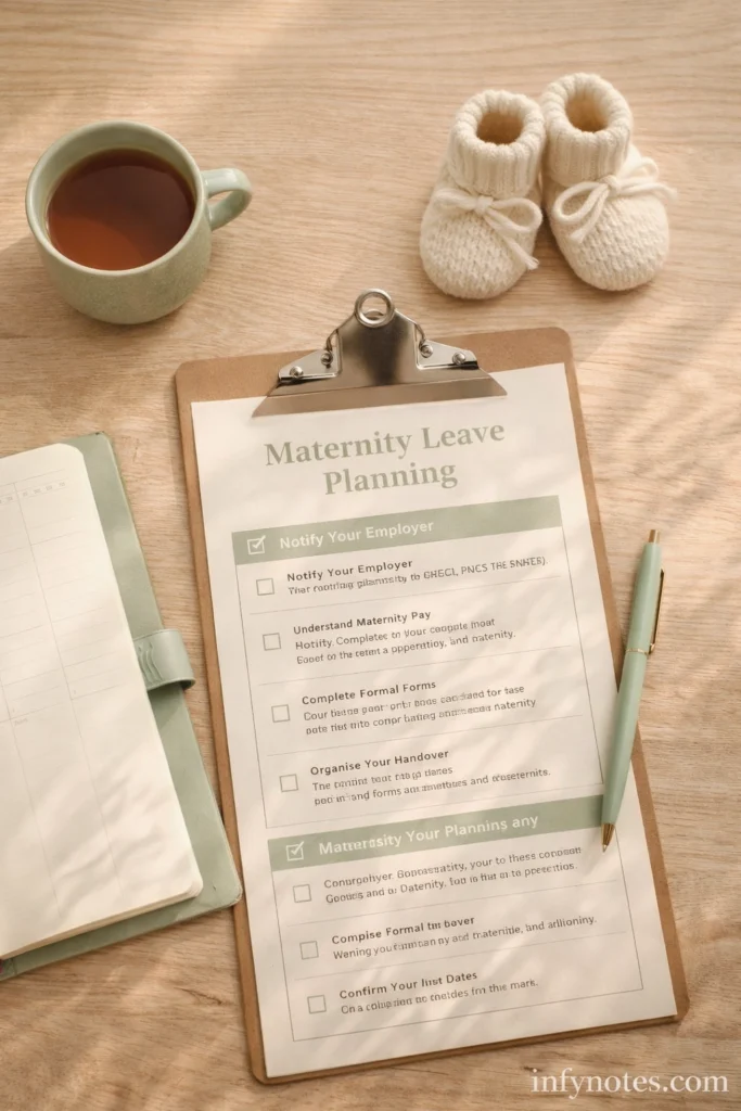 maternity leave checklist planning clipboard with baby booties and tea flat lay