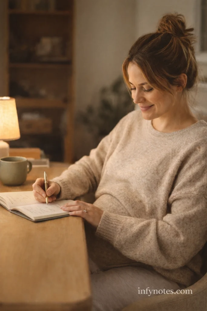 maternity leave checklist planning pregnant woman writing in notebook at home
