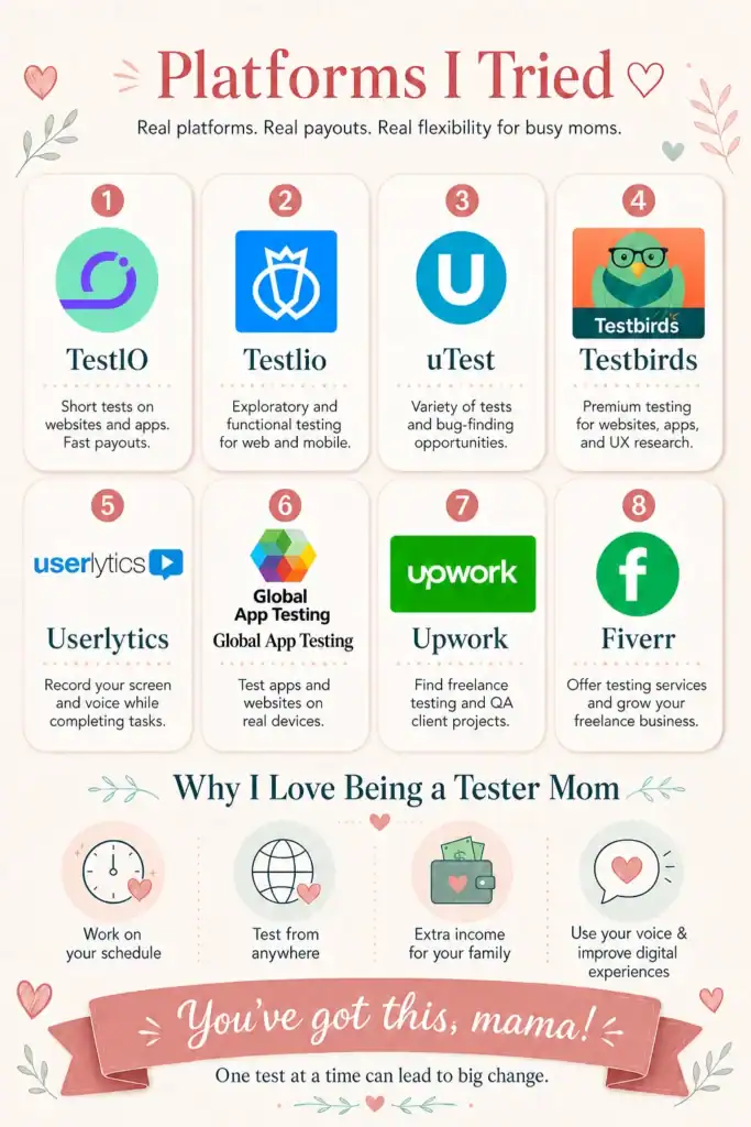 Get paid to test websites and apps infographic showing 8 platforms I tried as a mom, including TestIO, Testlio, uTest, Testbirds, Userlytics, Global App Testing, Upwork, and Fiverr