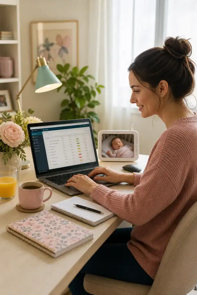 Get paid to test websites and apps image showing a mom working from home as a tester while monitoring her sleeping baby