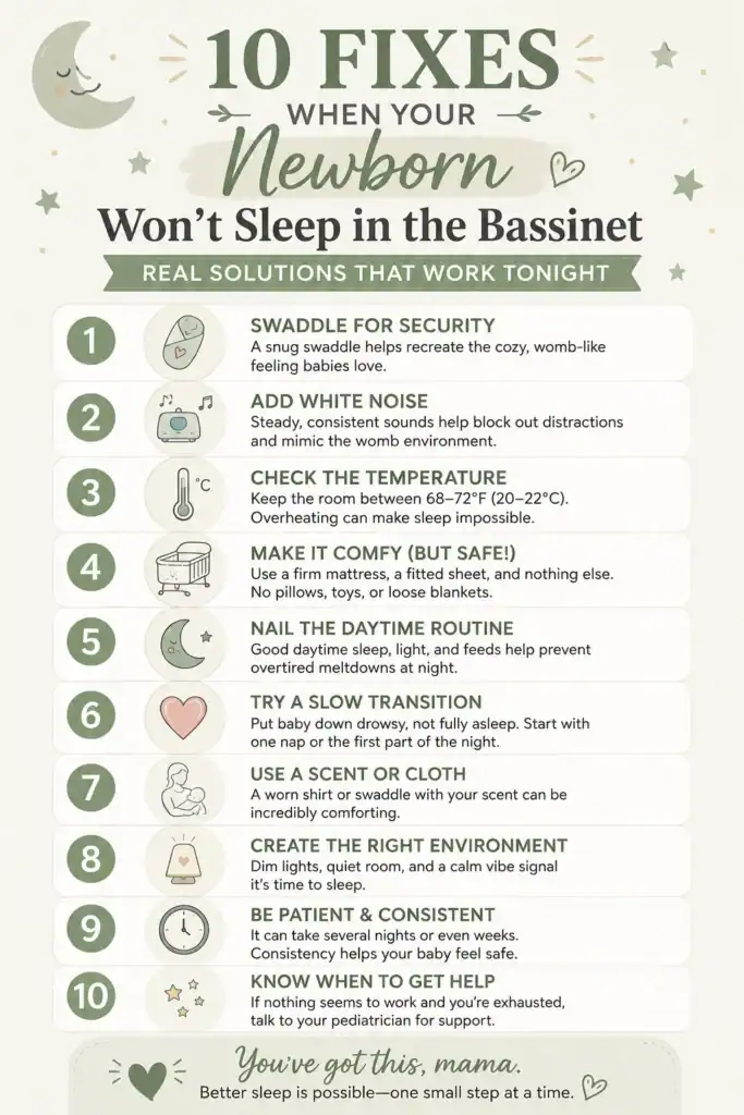 10 fixes for newborn won't sleep in bassinet tips infographic