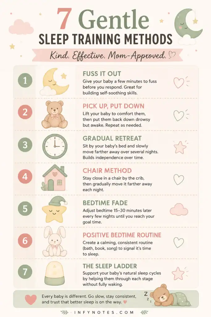 7 gentle sleep training methods infographic for moms