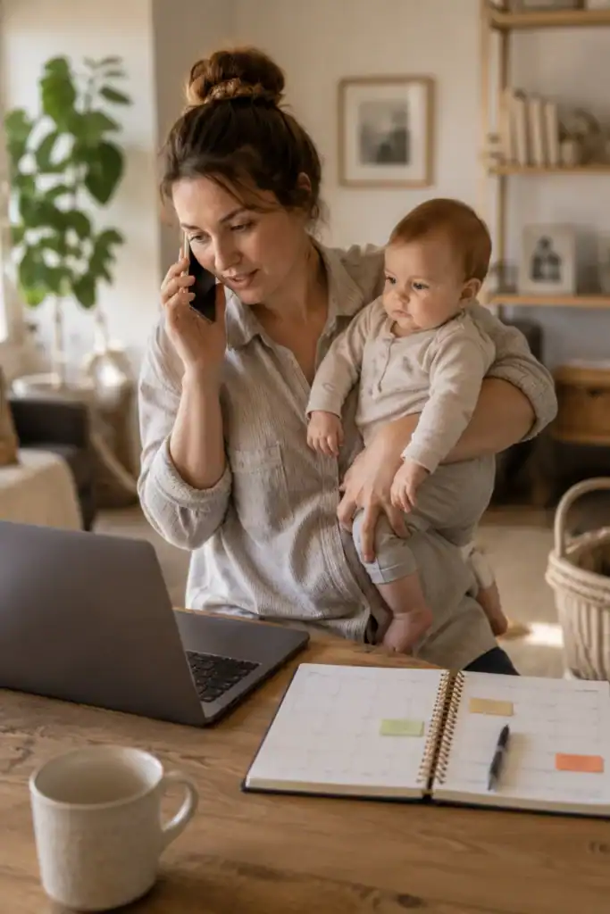 Working mom juggling baby and laptop trying to balance work and baby