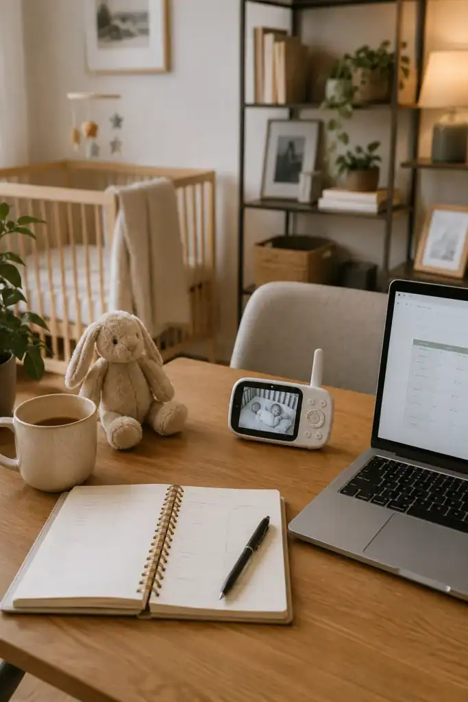 Planner and baby monitor showing a system to balance work and baby