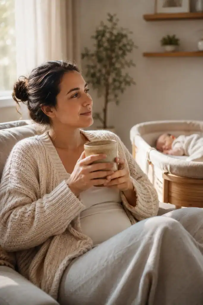 Mom taking a quiet moment to balance work and baby life