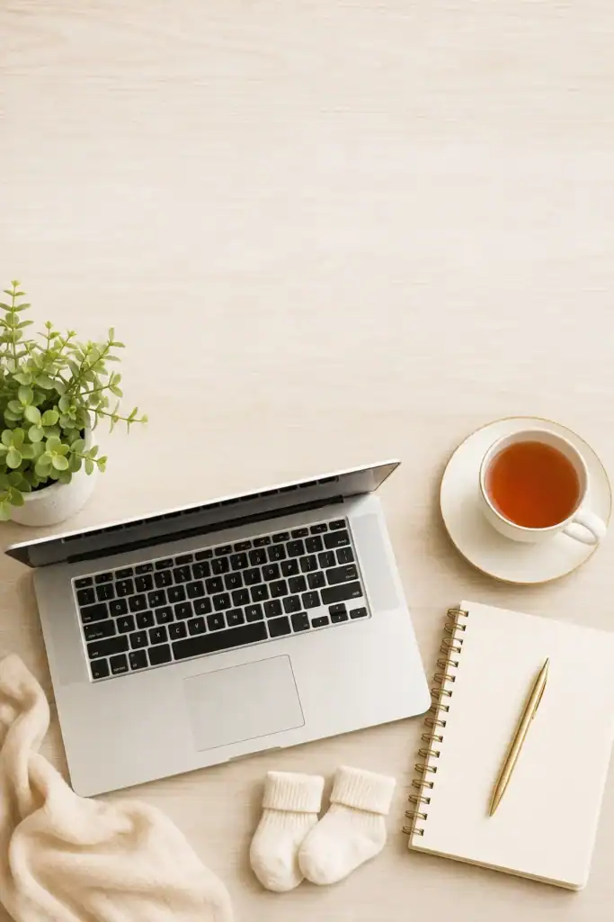 Flat-lay of a laptop, tea, notebook and baby socks representing remote jobs for moms UK