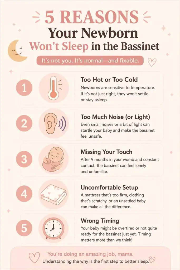 5 reasons newborn won't sleep in bassinet infographic for new moms