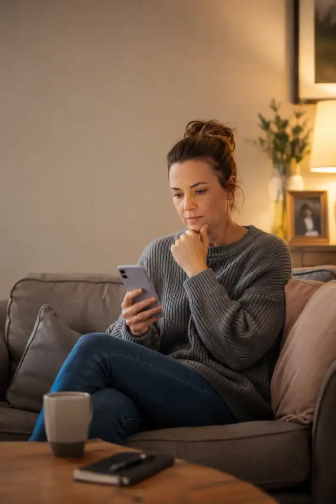 Tired mum checking a job advert on her phone, spotting red flags in remote jobs for moms UK