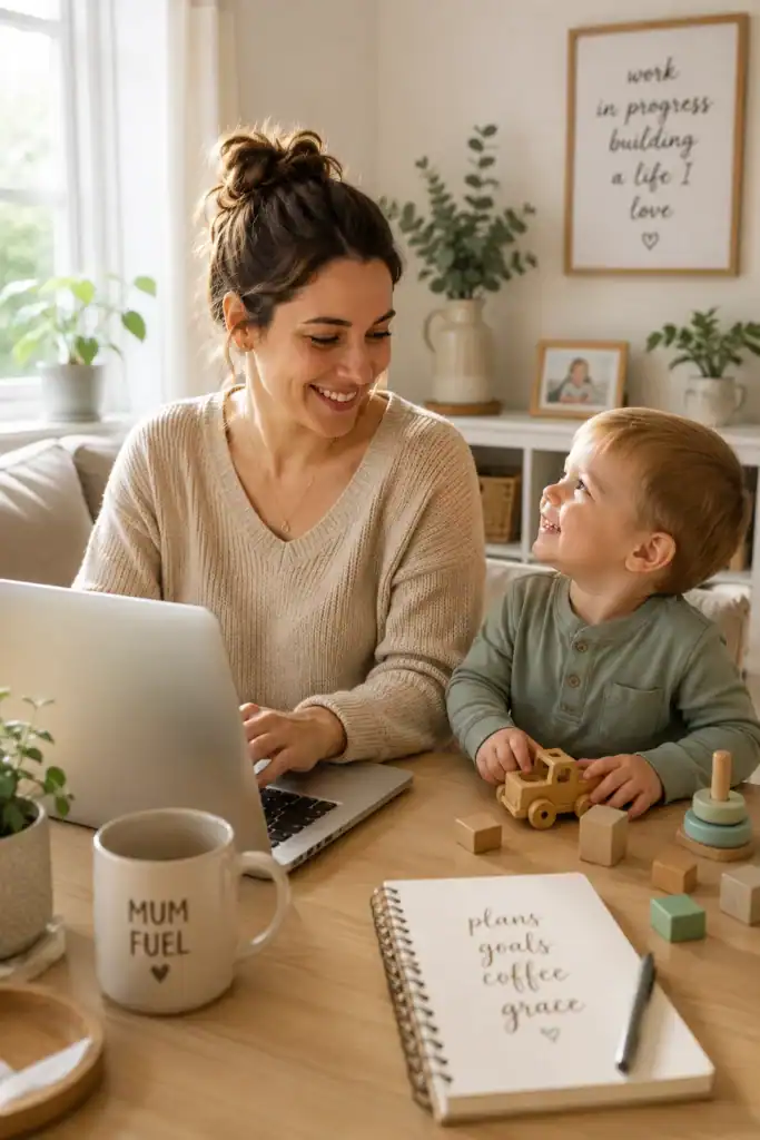 Happy mum working from home on a laptop with her child, enjoying remote jobs for moms UK
