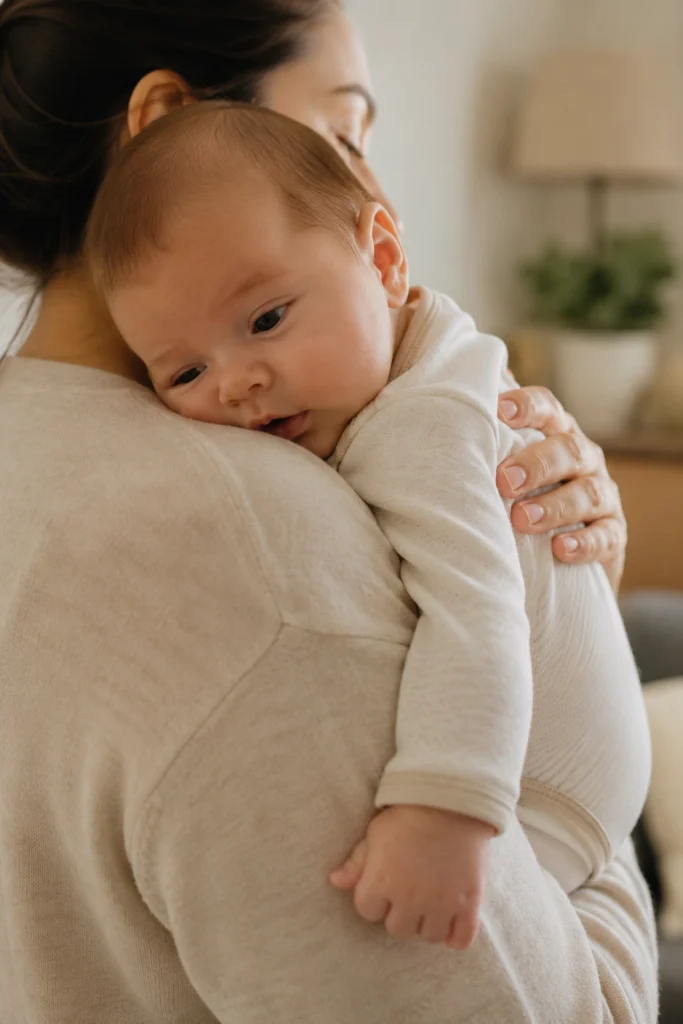 Parent burping baby after feeding to reduce baby crying after feeding