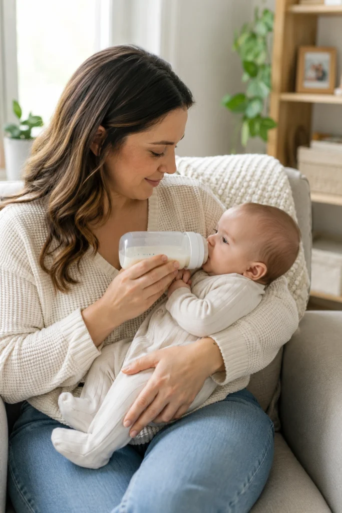 Paced bottle feeding position to stop baby crying after feeding