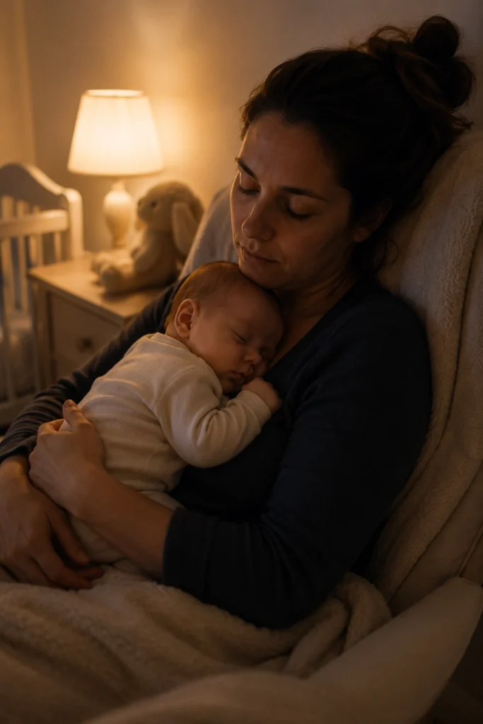 Baby finally settled after crying after feeding on mom's chest