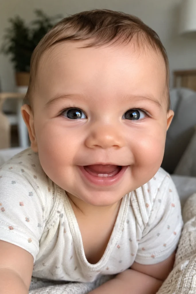 Smiling baby with two tiny bottom front teeth newly visible during early teething.