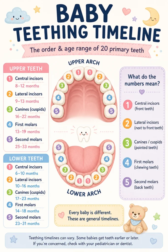 Baby teething timeline chart showing tooth eruption order by age