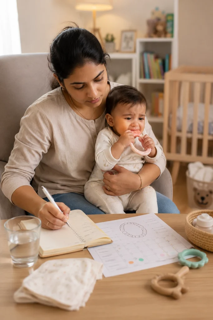 Mum tracking teething symptoms in a planner while her baby chews a teething ring in a cosy nursery.