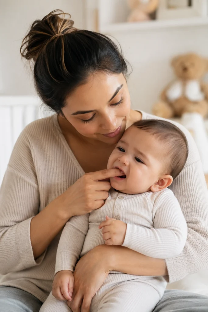 Mom soothing baby during the teething timeline with a gentle gum massage