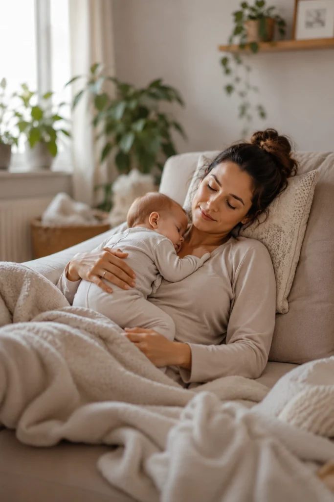 New mom resting on couch with baby, showing patient postpartum weight loss tips approach