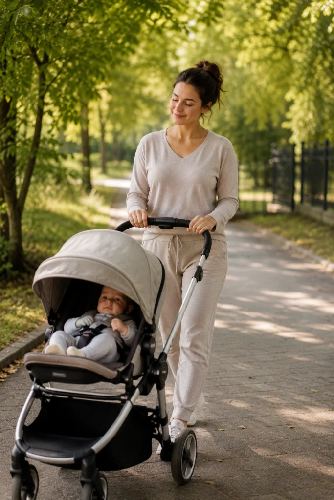 Mom walking outdoors with stroller as a simple postpartum weight loss tip