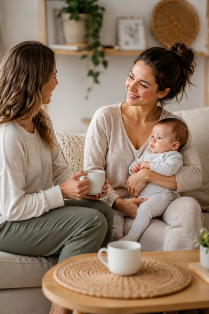 Mom and friend chatting over coffee with baby, supporting postpartum weight loss tips journey