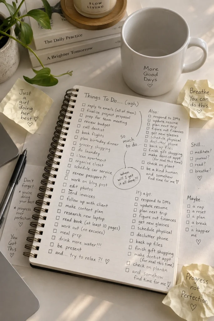 mom burnout signs checklist overwhelmed notebook with overflowing to-do list